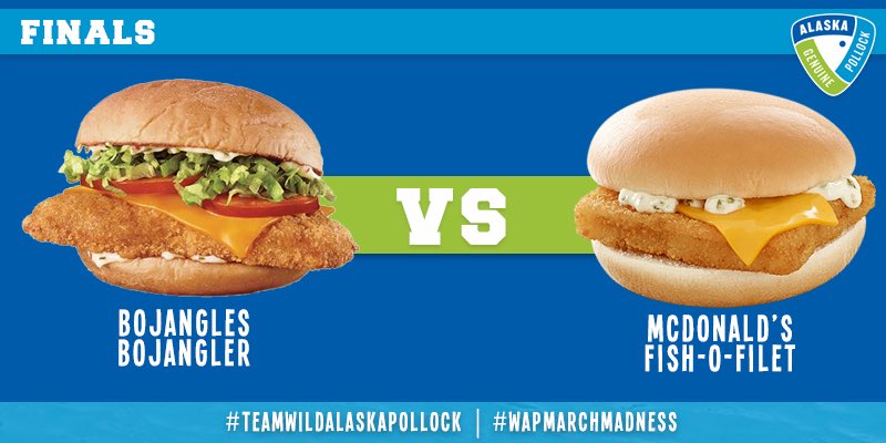 wildAKpollock's tweet photo. The #Finals are upon us! Vote now for your favorite #fish ๐ sandwich ๐ฅช. After 8 of the best went at it, only two remain. Itโs @McDonalds up against @Bojangles1977 for the best fish sandwich in the #WAPMarchMadness. #WAPfor40 #MarchMadness #FinalFour #TeamWildAlaskaPollock https://t.co/97oIr3VBbi
