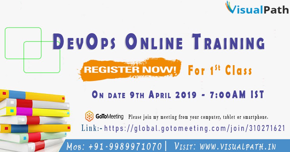 VisualpathPro's tweet photo. #Visualpath announces new batch on #Devops_Online_Training by Imran Telli
Attend our Free demo cum 1st class.
Date &amp; Time: 9th April - 7AM IST
Venue: #GotoMeeting https://t.co/CyUxcICb49
For more details+91 9989971070
#devops_course #online_devops_course #BJPManifesto #Trivikram https://t.co/edlYUVumXg