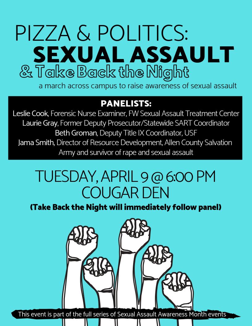 USFengagement's tweet photo. Don't miss tomorrow's panel discussion &amp; Take Back the Night ✊🏽. Hear from local voices on sexual assault at USF and in Fort Wayne. Pizza provided! 6PM in the Den. https://t.co/79BR1p30dJ