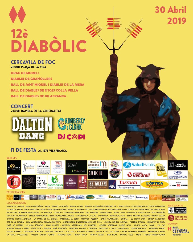 12è DIABÒLIC!

📆Dimarts 30 d’abril 
🕟21:00h 
📍Plaça de la Vila -> Rambla de la Girada
🔥Drac de Morell, <a href="/diablesgrn/">Diables de Granollers</a>, <a href="/Colla_Vella_Stg/">Ball de Diables de Sitges Colla Vella</a>, <a href="/balldediables/">Ball Diables Riera</a> i <a href="/diablesvila/">Ball de Diables de Vilafranca</a> 
💿Seguidament a la Rambla de la Generalitat gaudirem d’un grup de versions i de Dj’s locals!

Us hi esperem!