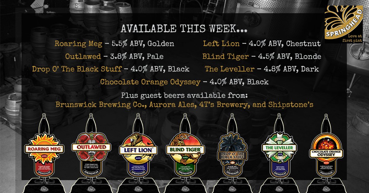Available this week! Our core range of #beers, plus seasonal specials The Leveller and (just in time for Easter!) the delicious Chocolate Orange Odssey, plus guest beers from 4T's Brewery, Aurora Ales, The Brunswick Brewing Company Ltd, and Shipstone's Brewery.

#realale #beer