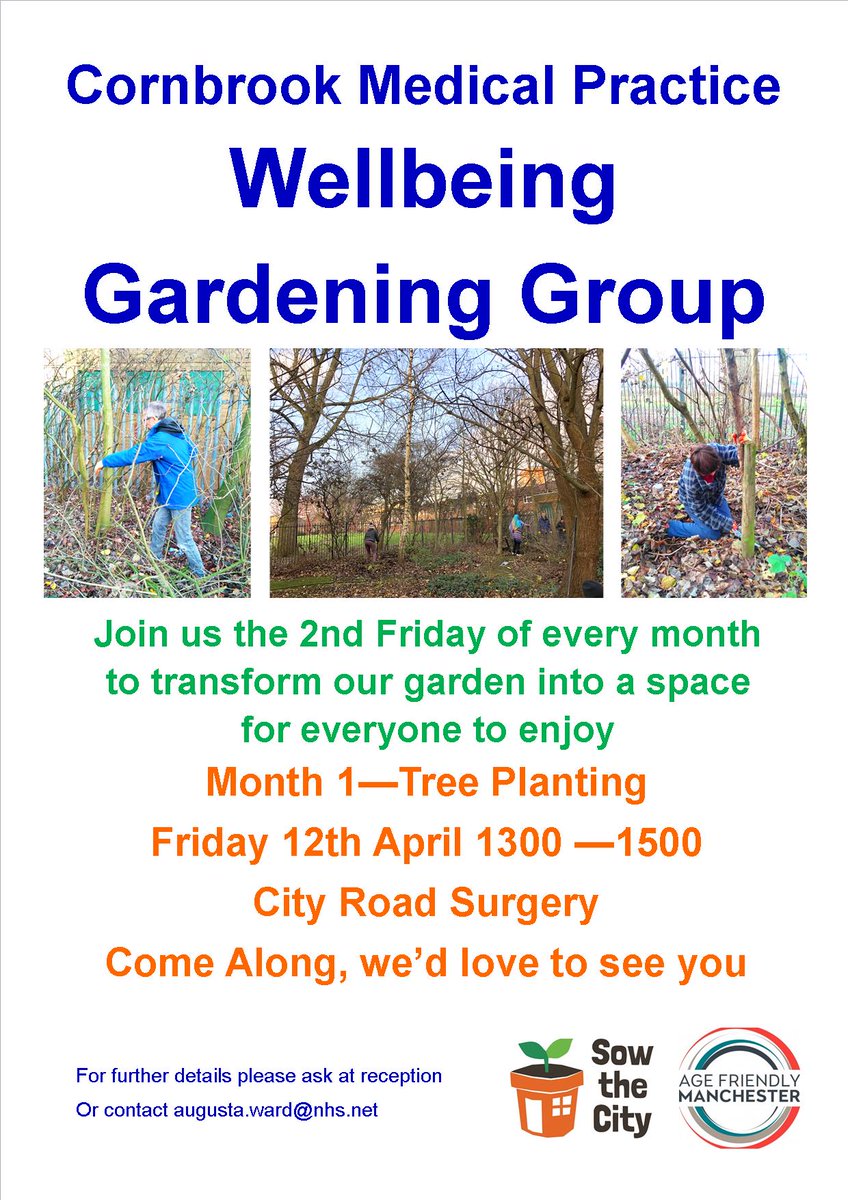 Come to Cornbrook Garden's first Wellbeing Gardening Group
Friday 12th April 1pm to 3pm at City Road Surgery to plant some trees and woodland wildflowers with <a href="/SowtheCity/">Sow the City</a> , everyone welcome! #gardening #wellbeing #communitygarden #hulme