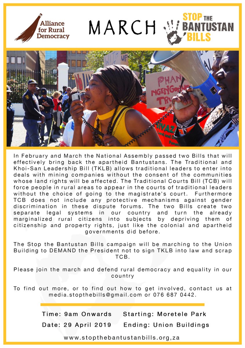 LarcUCT's tweet photo. MARCH: On 29th April the @StopTheBills campaign will be marching to the Union Buildings to DEMAND @CyrilRamaphosa NOT to sign the #TKLB into law and scrap the #TCB @RuralDemocracy @PLAASuwc @TAmakhaya @SonkeTogether @PARInstitute @SWOPInstitute @ClsUct @NdifunaUkwazi @NtabaRural https://t.co/K4O0TswicO