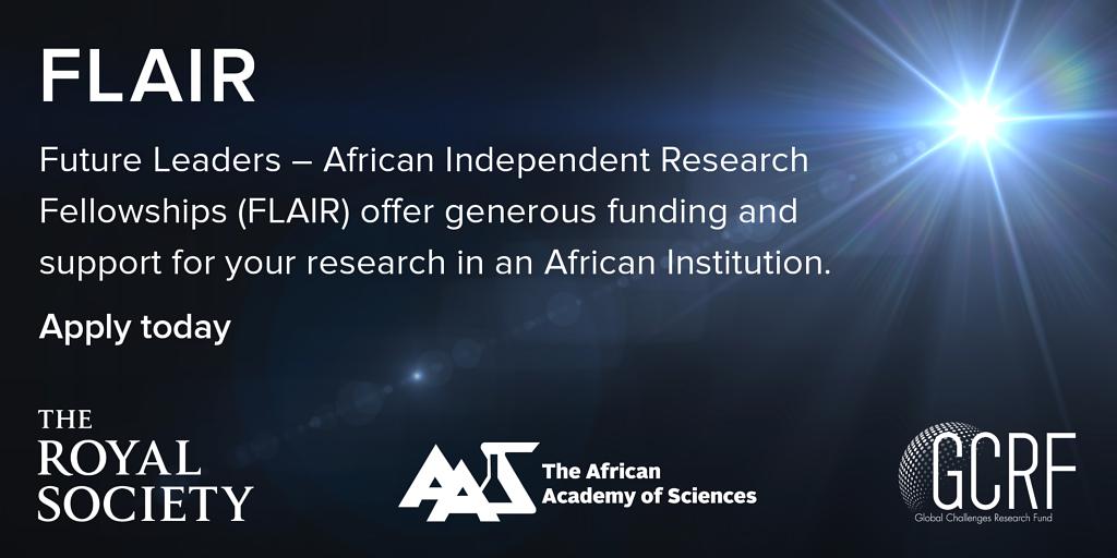 FLAIR fellowships provide help to build independent research careers in a sub-Saharan African institution and support cutting-edge scientific research addressing global challenges facing developing countries. Apply today 
bit.ly/2zxG9RA
<a href="/AASciences/">African Academy of Sciences</a> <a href="/GCRF/">Global Challenges Research Fund (GCRF)</a>