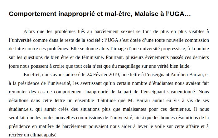 SolEtudiantsGre's tweet photo. Communiqué - Malaise à l'Université Grenoble Alpes
Nous publions ci dessous notre communiqué concernant des retours de comportements inappropriés qu'Aurélien Barrau aurait eu vis à vis de ses étudiant.e.s. https://t.co/nFS3PYS7fC