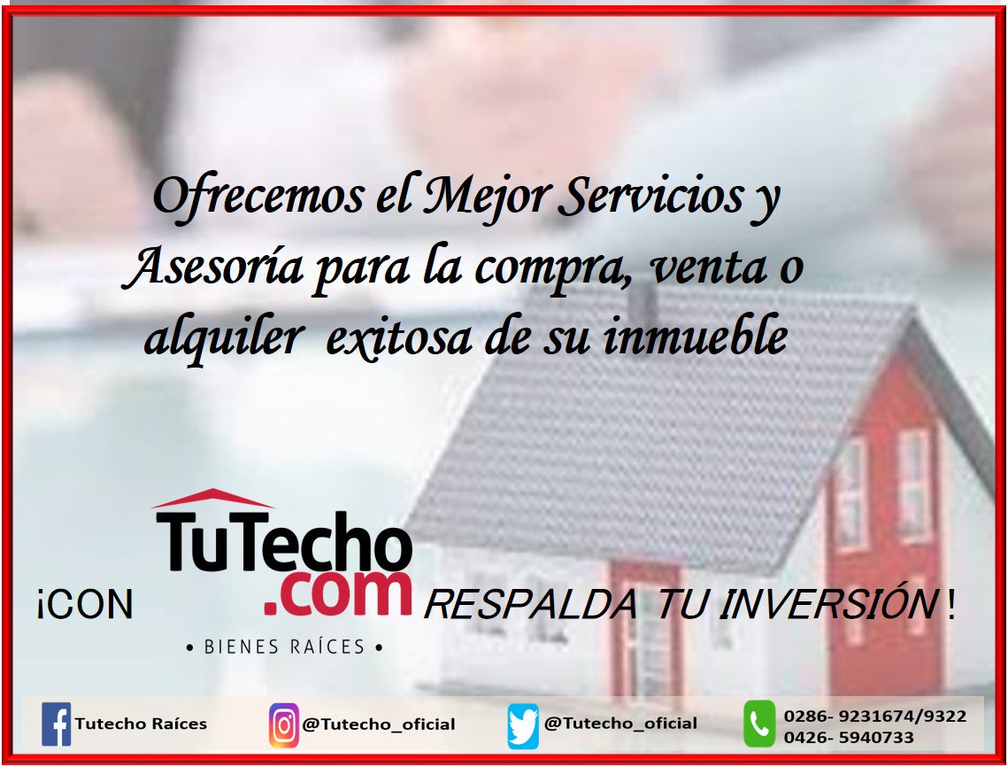 tutecho_oficial's tweet photo. Somos una Empresa de Bienes Raíces que Ofrecemos un Excelente Servicio para la Compra, Venta o Alquiler de su inmueble. CONTÁCTENOS: 0426-5940733/ 02869231674, CORREO: TUTECHO.COMBIENESRAICES@GMAIL.COM , Redes Sociales: tutecho_oficial #tutecho #tuhogarposible #inmobiliaria https://t.co/gWf8Uk7aNQ