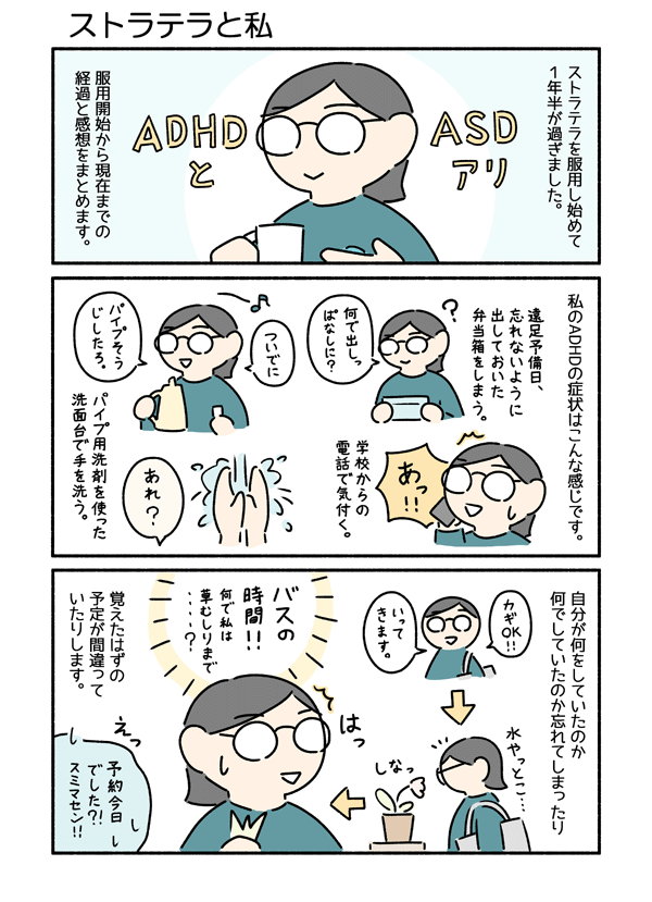 ストラテラを1年半服用してみてどうだったかというマンガです。個人の体験です。私は少ない量で効果が出るタイプのようで、40mgを昼に1度服用しています。 