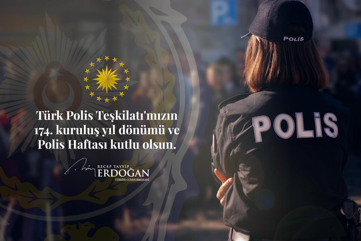 Türk Polis Teşkilatı’mızın 174. kuruluş yıl dönümünü ve Polis Haftası'nı tebrik ediyorum. Bu vesile ile şehit olan tüm kahraman polislerimize Allah'tan rahmet diliyor, gazilerimize şükranlarımı ifade ediyorum.