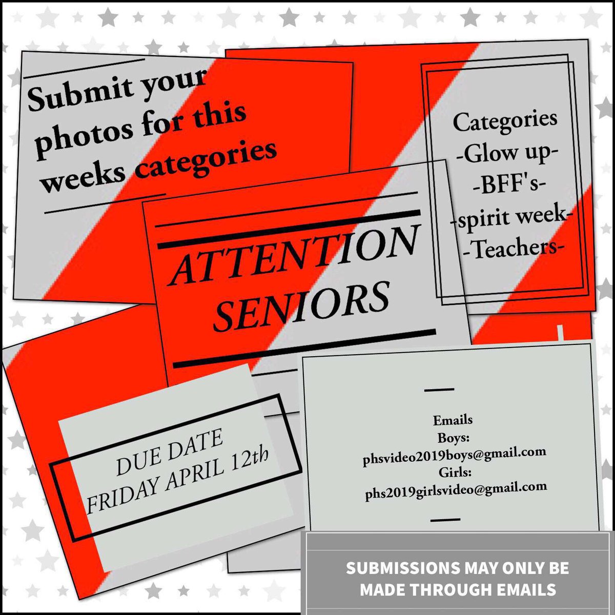 PhsVideo's tweet photo. SENIORS‼️‼️ Here’s this weeks categories for the senior video! Feel free to dm for any questions! https://t.co/tZZUECsmGO