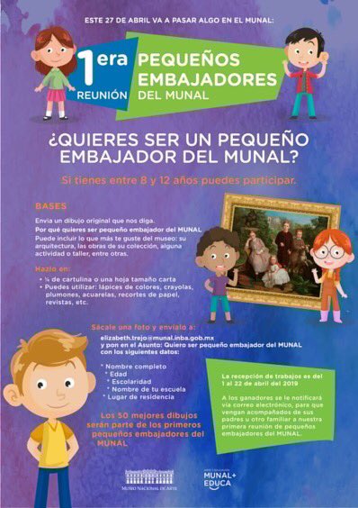 CreativosMuseos's tweet photo. PEQUEÑOS EMBAJADORES DEL MUNAL.
Si tienes entre 8 a 12 años
Solo tienes que enviar un dibujo original que responda. ¿Por qué quieres ser pequeño embajador
del MUNAL? https://t.co/uedsVjaiGo