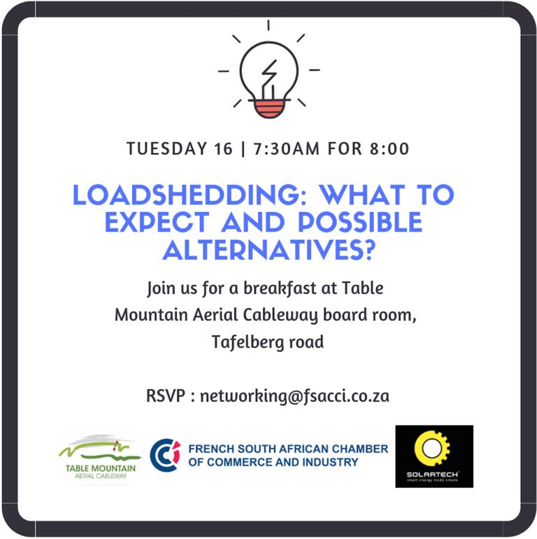 FSACCI's tweet photo. Join us Tuesday 16th in Cape Town to look beyond the electricity crisis in #SouthAfrica!

#FSACCI #FSACCIEvent
@FranceCapeTown @FSACCI_CPT @FSACCI @TableMountainCa https://t.co/7H8xhdAoVK