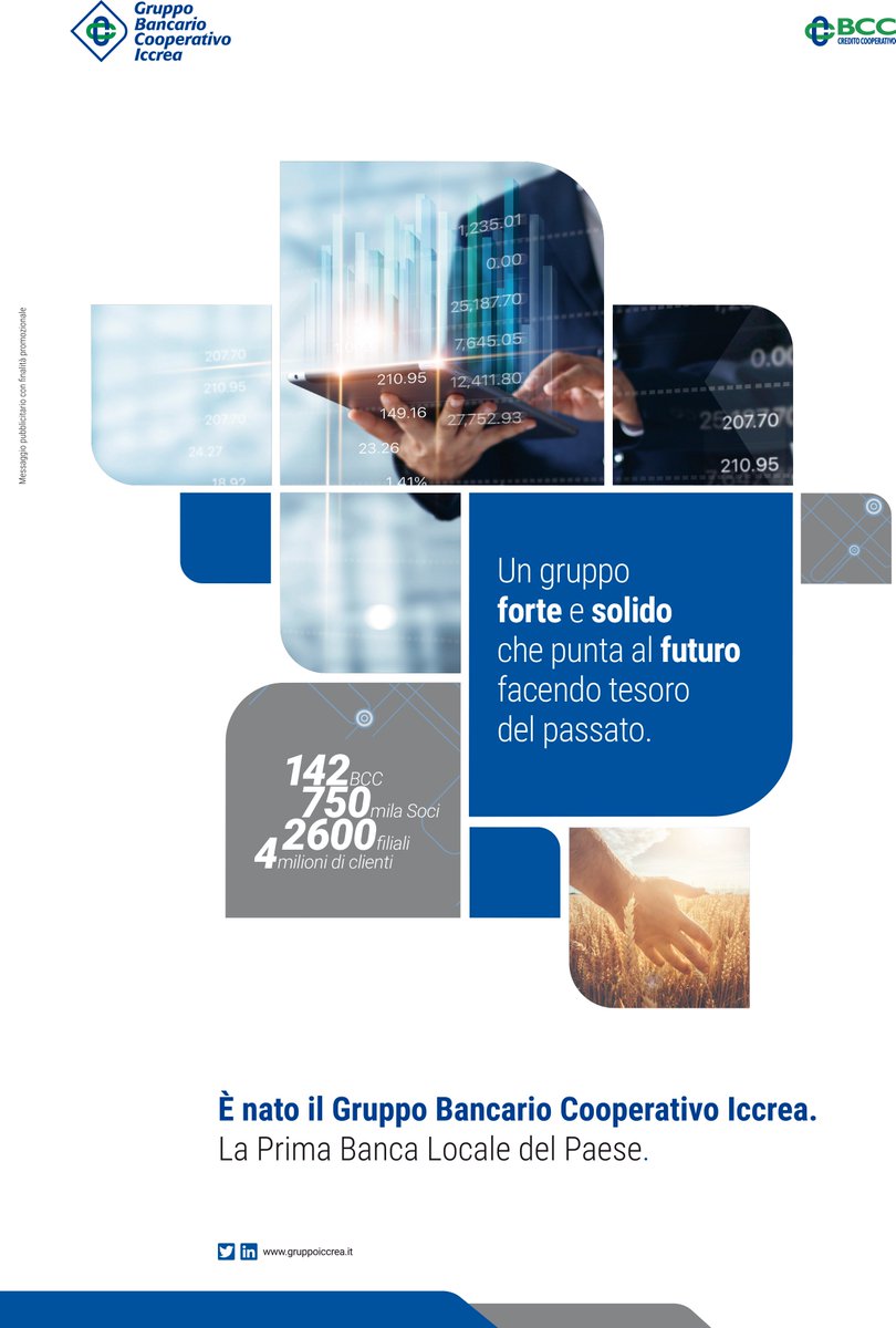 gruppoiccrea's tweet photo. “È nato il Gruppo Bancario Cooperativo Iccrea”.
Oggi parte la prima pianificazione pubblicitaria del Gruppo sulle principali testate nazionali e locali.
Un gruppo forte e solido che punta al futuro facendo tesoro del passato.
https://t.co/PkTCWeoSZj
#iccrea #advertising #adv #bcc https://t.co/dIReznk9vh