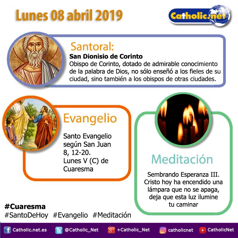 San Dionisio de Corinto  bit.ly/2Z07rv1 #SantoDeHoy

El bombillo de mi habitación  bit.ly/2Ux1fLB #Evangelio

Deja que la luz de la resurección brille en tu vida  bit.ly/2FVwxlY #Meditación