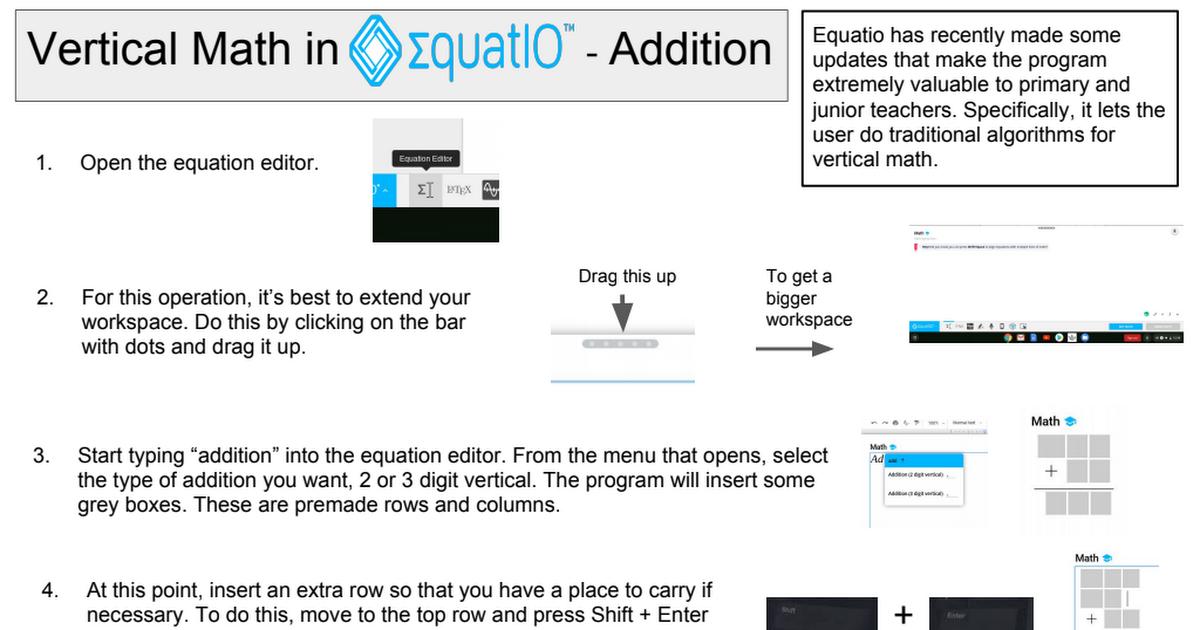 TH_JeffLevi's tweet image. Want to try something new in your #math class this #MathStatMonth? Why not #makemathdigital with #EquatIO! Our friend and #TexthelpTitan, @DeannaToxopeus, created a handful of guides to get started with #EquatIO like this one on Vertical Addition: okt.to/ZLKS4E