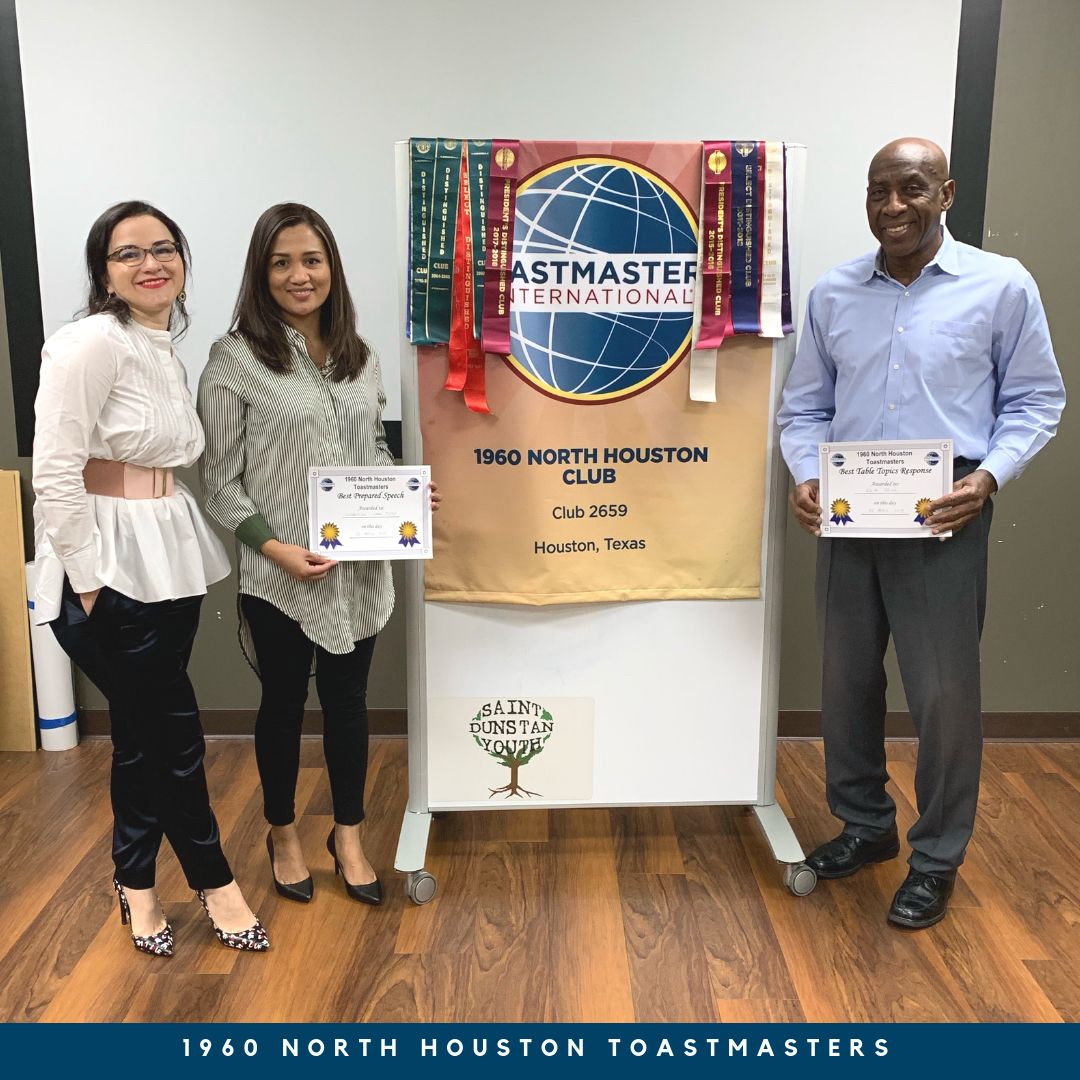 1960toastmaster's tweet photo. We present to you our award recipients from last Tuesday. Congrats Elena, Cherrylene, and Rich for achieving #BestEvaluation, #BestPreparedSpeech, and #BestTableTopics last week! 🎉⠀
.⠀⠀
#Toastmasters #Houston #PublicSpeaking #Leadership #PersonalDevelopment #fun #congrats https://t.co/VJHNqZpGf8