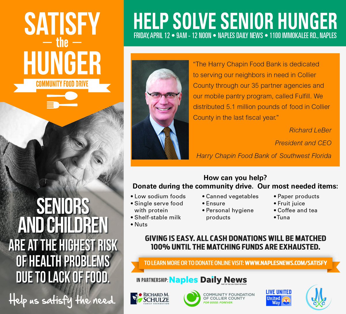 This week's Satisfy the Hunger goal is to help struggling seniors. Friday is the day for donations at Naples Daily News. Please take a look at the list of most-needed items, and if you can, pack up a donation for Friday. Thank you! 🙏