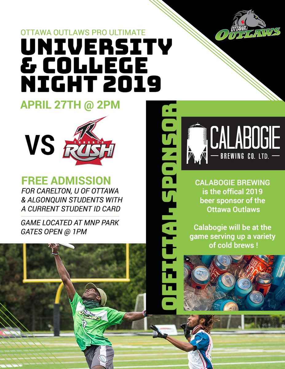 OutlawsAUDL's tweet photo. Outlaws is hosting a University and College night at our home opener! April 27th, bring your current year ID and get in for FREE! @CalabogieBrewCo will be there, serving up cool pints all game! #uninight #collegenight #badboyultimate https://t.co/yrK8hYQO4I