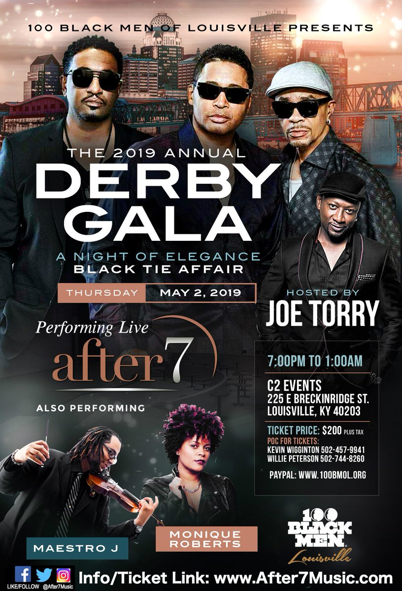 After7Music's tweet photo. Black Tie &amp; we're bringin' the best RnB! A Night Of Elegance dress2impress, join us! Thurs May 2, @ 7pm - 1:00am w #moniqueroberts
@therealmaestroj #100BlackMenOfLouisville #2019AnnualDerbyGala 
Hosted By @joetorry1 #C2EventVenue #LouisvilleKY Info/Tkts https://t.co/CQrigvkOj9 https://t.co/Isd7cOz4ub