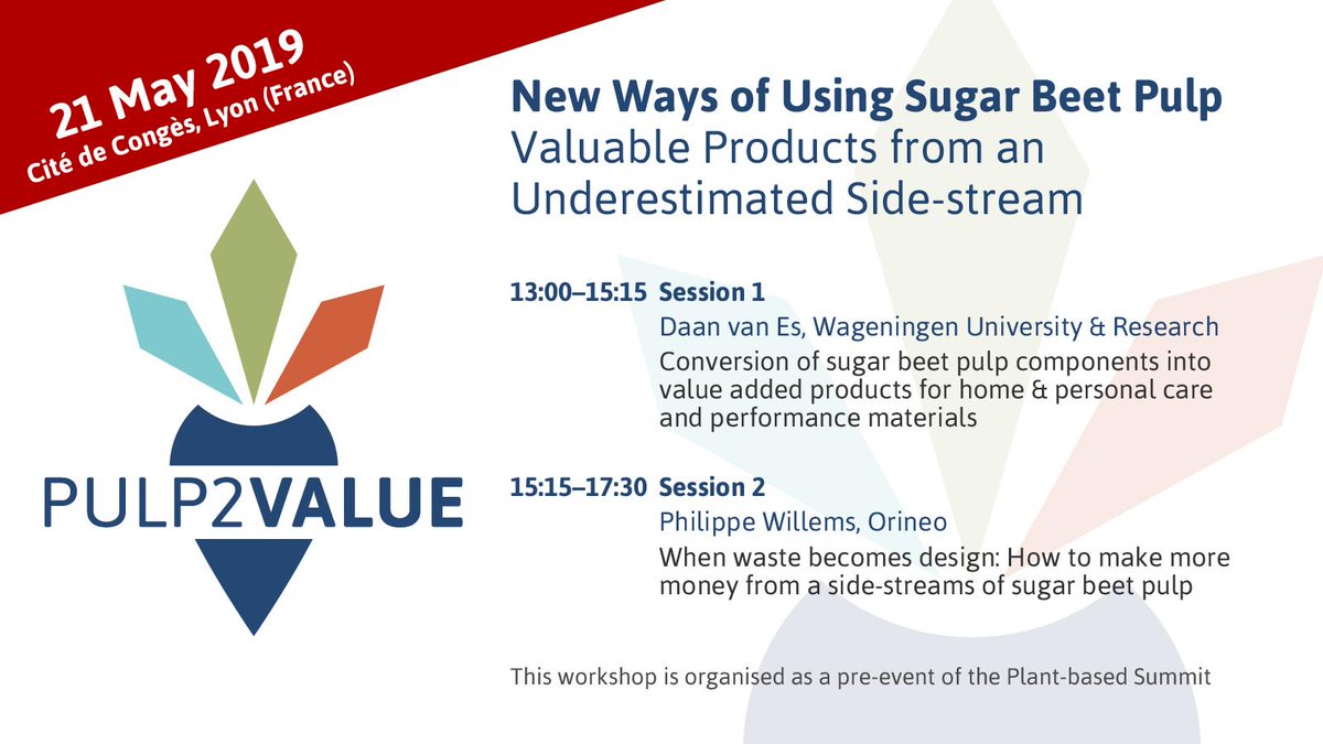 novaInstitut's tweet photo. Take part in the PULP2VALUE stakeholder workshop on valuable products from sugar beet pulp, a side-stream of the sugar industry (21 May, 2019). Both workshop sessions are free of charge! Learn more and register here: https://t.co/inwZEXsozb @cosunInfoknip @BBI2020 @EU_h2020 @WUR https://t.co/PvwJrBXgmr