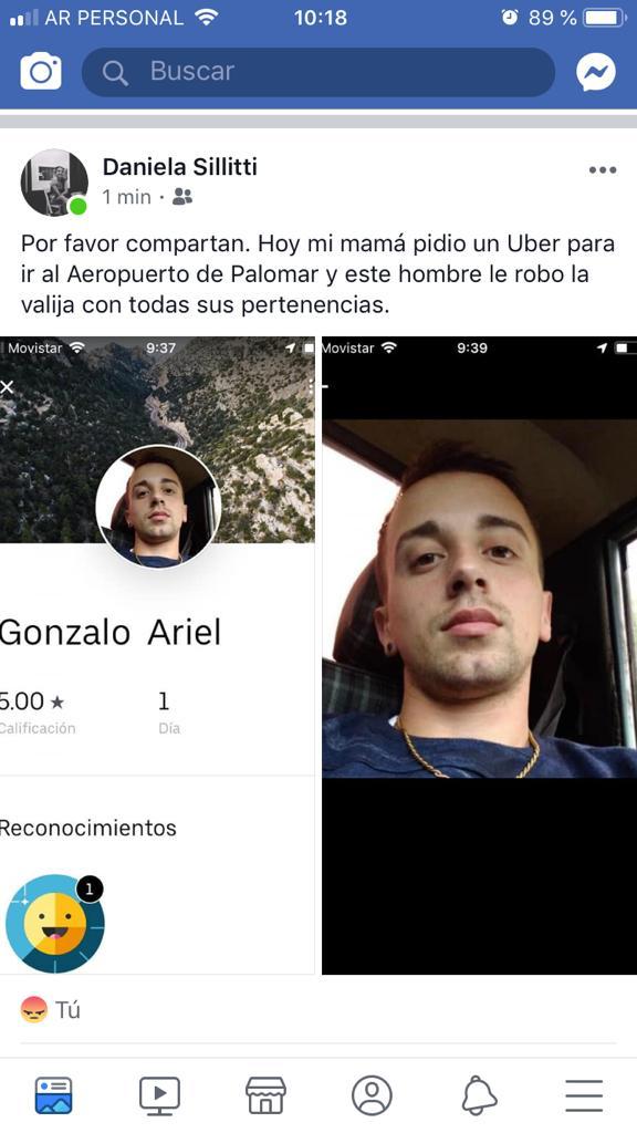 VenGaby's tweet photo. Este chofer de ube hoy a la mañana robo una valija llena de todas las pertenencias de mi vecina. Comparte y denuncia. Desde el soporte de uber no ofrecen respuesta alguna @Uber_ARG @VoyEnUBER #uberladrones https://t.co/yBUj0bPkEm