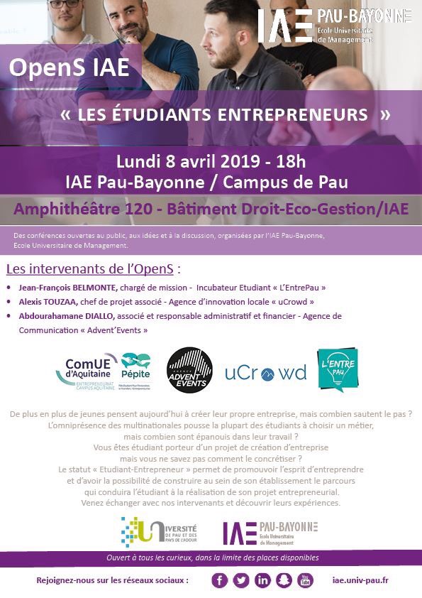 IAEPauBayonne's tweet photo. [#OpenSIAE] #OpenSIAE ce soir à l'@IAEPauBayonne Campus de Pau 📍➡️ « les étudiants entrepreneurs » RDV à 18H ⏰ pour échanger avec nos intervenants sur le sujet ! https://t.co/rW75tNVwSf