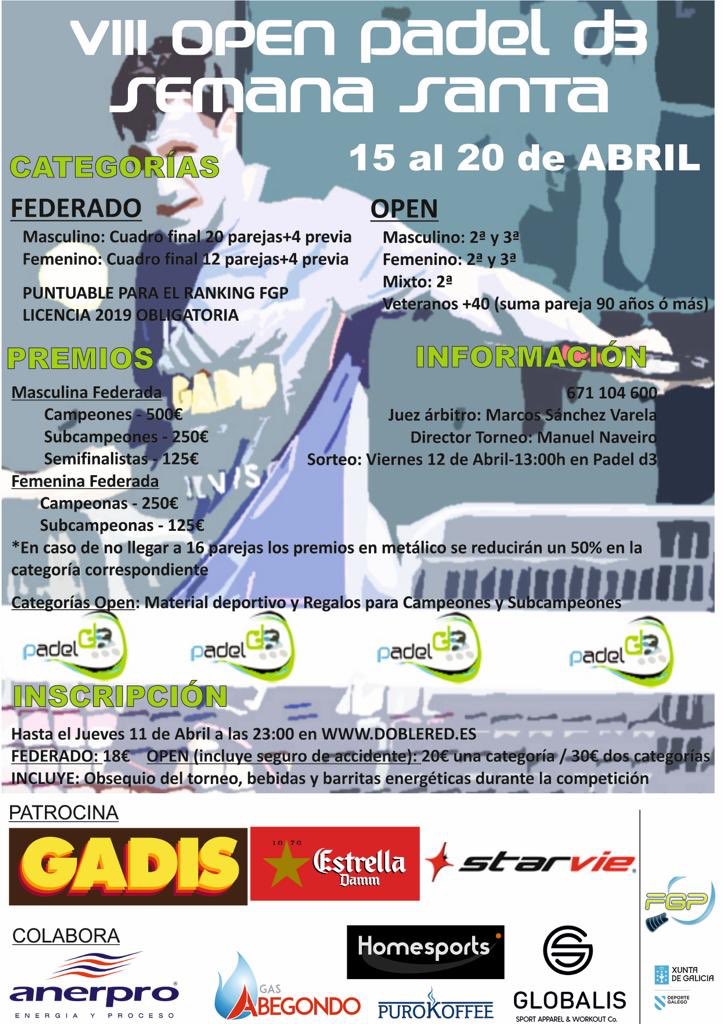 Este jueves termina la inscripción del VIII Open Padel d3-Semana Santa. Gracias a los patrocinadores que nos apoyan en esta edición.
Inscripciones en doblered.net/InscripcionTen…
<a href="/gadis/">Gadis</a> <a href="/starviepadel/">StarVie Pádel</a> <a href="/estrelladamm/">Estrella Damm</a> @purokoffee #anerpro #homesports #globalis #gasabegondo