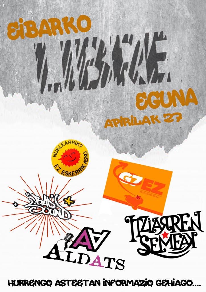 EibarLibre's tweet photo. Badator 2019ko Libre Eguna!

Aurten ostiral eta larunbaterako programa prestatu dugu, apirilak 26/27 artean banatua. 

✊🏼👫Borroka
👩🏼‍💻👨🏼‍💻Hitzaldiak
🎺🎸Musika
🎉🎊Jaia 
@EleakMugimendua 
@Ermukogazte
@jaixakherrixak 
@ItzrrSemeak 
@G7ezplataforma https://t.co/9IiNzZzwXU