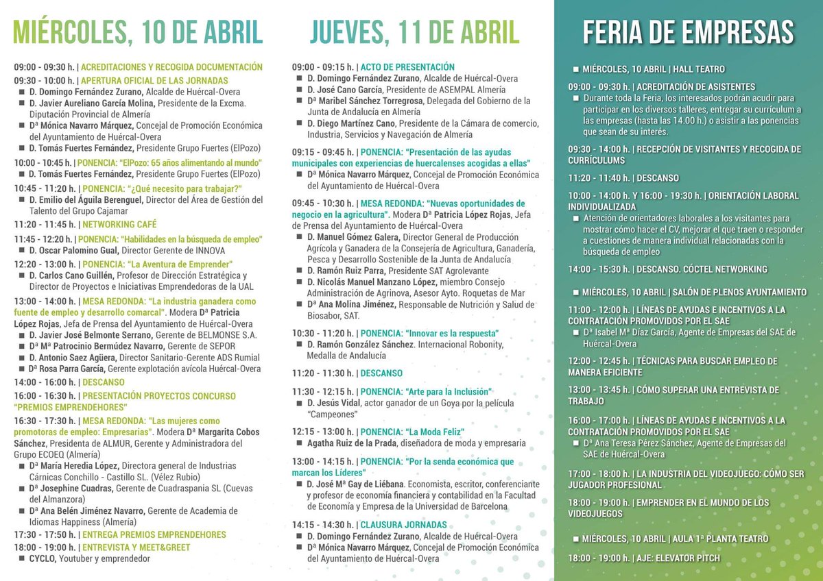 hoimpulsa's tweet photo. Programa completo de las IV Jornadas de Emprendimiento, 10 y 11 de abril en el Teatro Villa de Huercal-Overa.
No faltes!!! https://t.co/YWzCHf988Z
#HuercalOvera #Emprendimiento #empleo #empresas #Almeria https://t.co/WN0NH62nY1