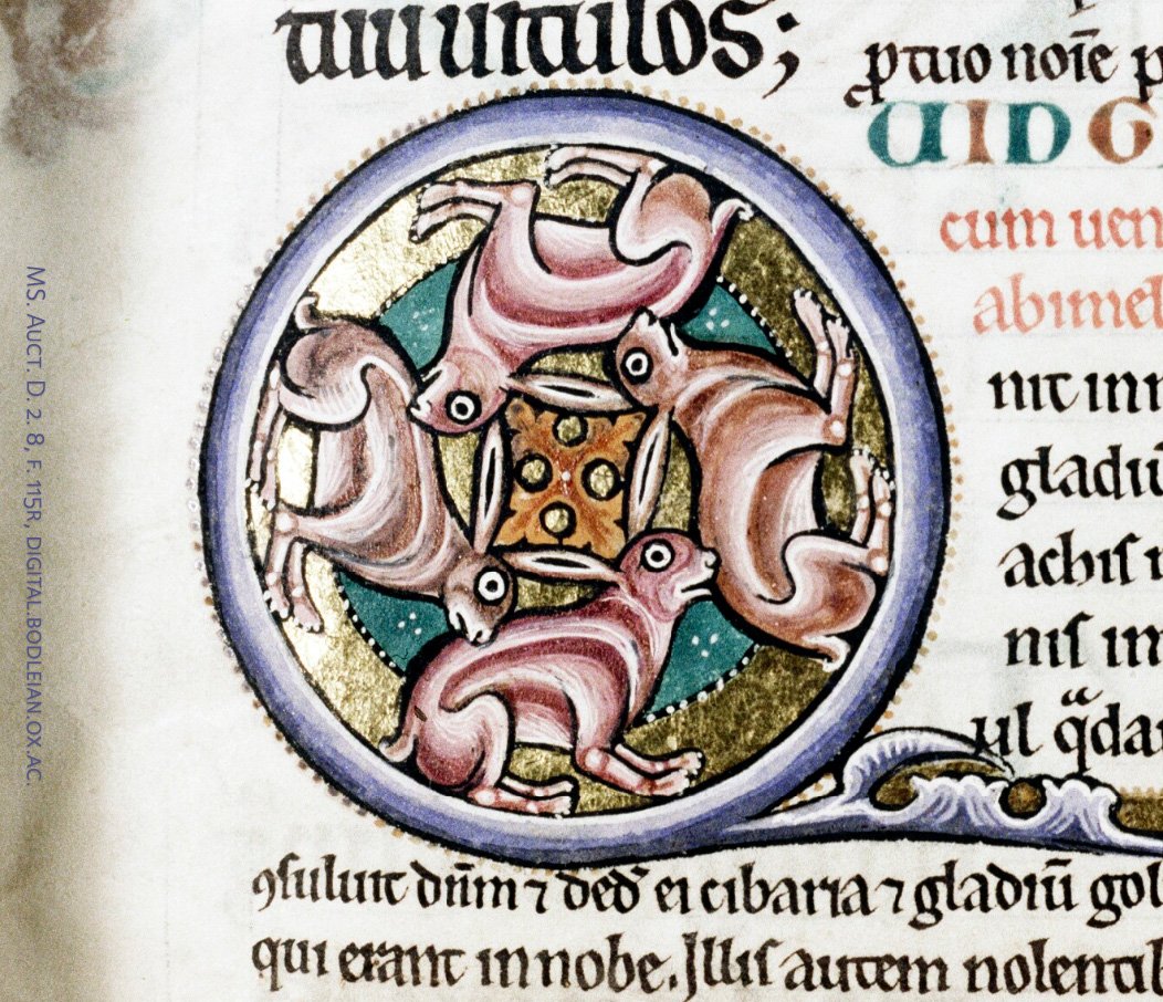 The decoration on fol. 4v, four running hares with shared ears forming a square frame, is an image found in other medieval manuscripts (below is one from MS. Auct. D. 2. 8). It's sometimes called a 'rosette of hares', but we prefer 'HareSquare' #HareSquare.