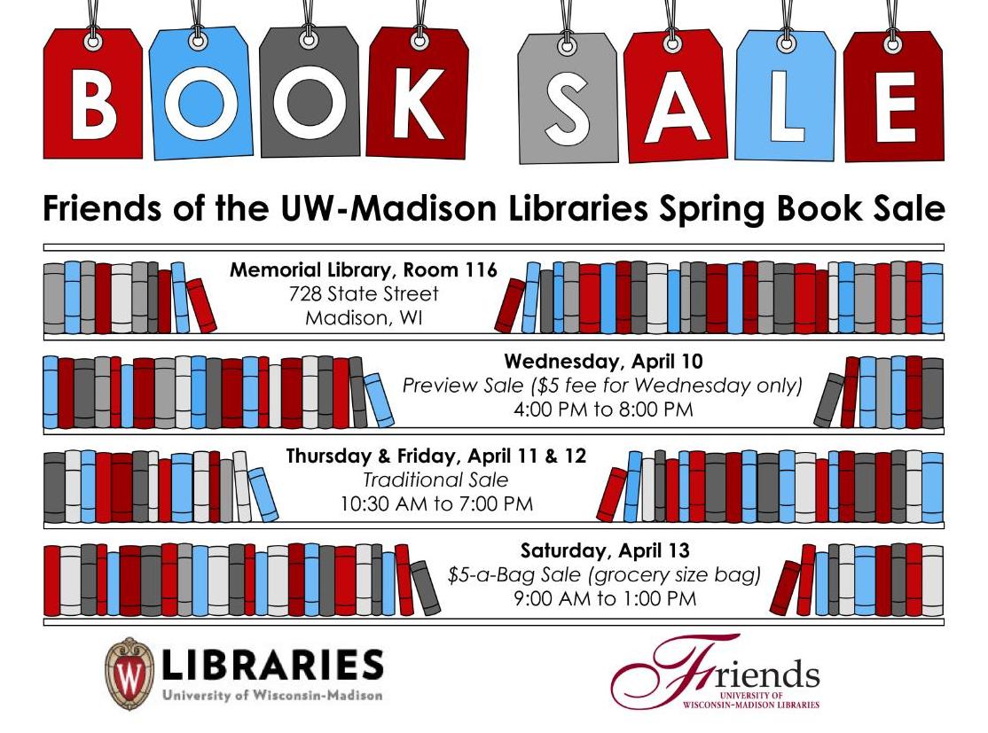 UWMadLibraries's tweet image. T-minus 2 days until the book sale! The preview sale begins April 10th at 4pm ($5 entry) and the regular sale runs from April 11-12th. The last day of the sale on April 13th will be the bag sale which is $5 per bag of books. 📚library.wisc.edu/friends/book-d…