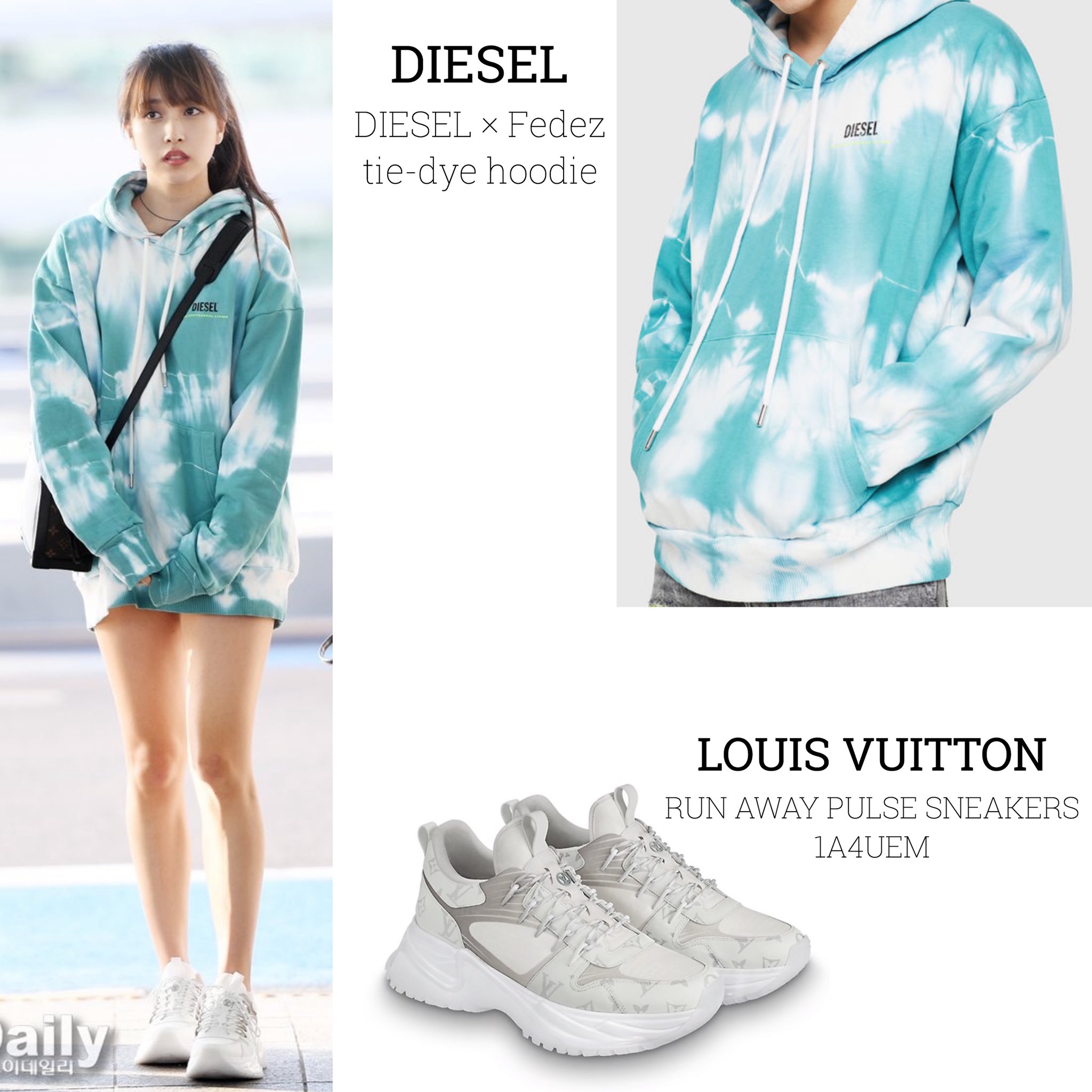 TWICE closet on X: 190405 airport [DIESEL] DIESEL × Fedez tie-dye Hoodie [LOUIS  VUITTON] RUN AWAY PULSE SNEAKER 1A4UEM $1,230 usd SOFT TRUNK M44478 $3,550  usd #TWICE #MINA #트와이스 #미나  /