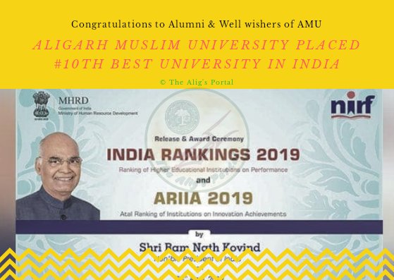 thealigsportal's tweet photo. #AMU #10thBest #in_India
Aligarh Muslim University ranked #10th best University in India by National Institute Ranking Framework 2019 #NIRF, Ministry of Human Resource and Development, Govt. of India (MHRD)
Congratulations to all Alumni around the world and well wishers of AMU. https://t.co/QKO35N8ReG