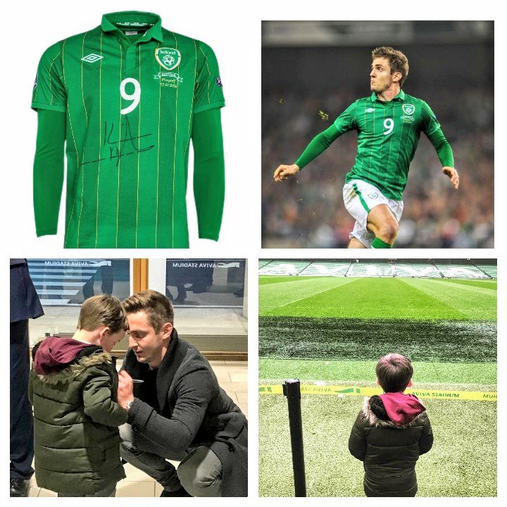 irelandsocshirt's tweet photo. Thanks to @FAIreland legend @KevinDoyle1983 for taking the time today to inspire the next generation of Irish fans @AVIVAStadium for the relaunch of @AvivaStadTours. 👏 The "James Nolan Collection" has Kevin's Ireland shirt v Estonia amongst others now on display. 🇮🇪 #COYBIG 💚 https://t.co/RO4iCW7QL5