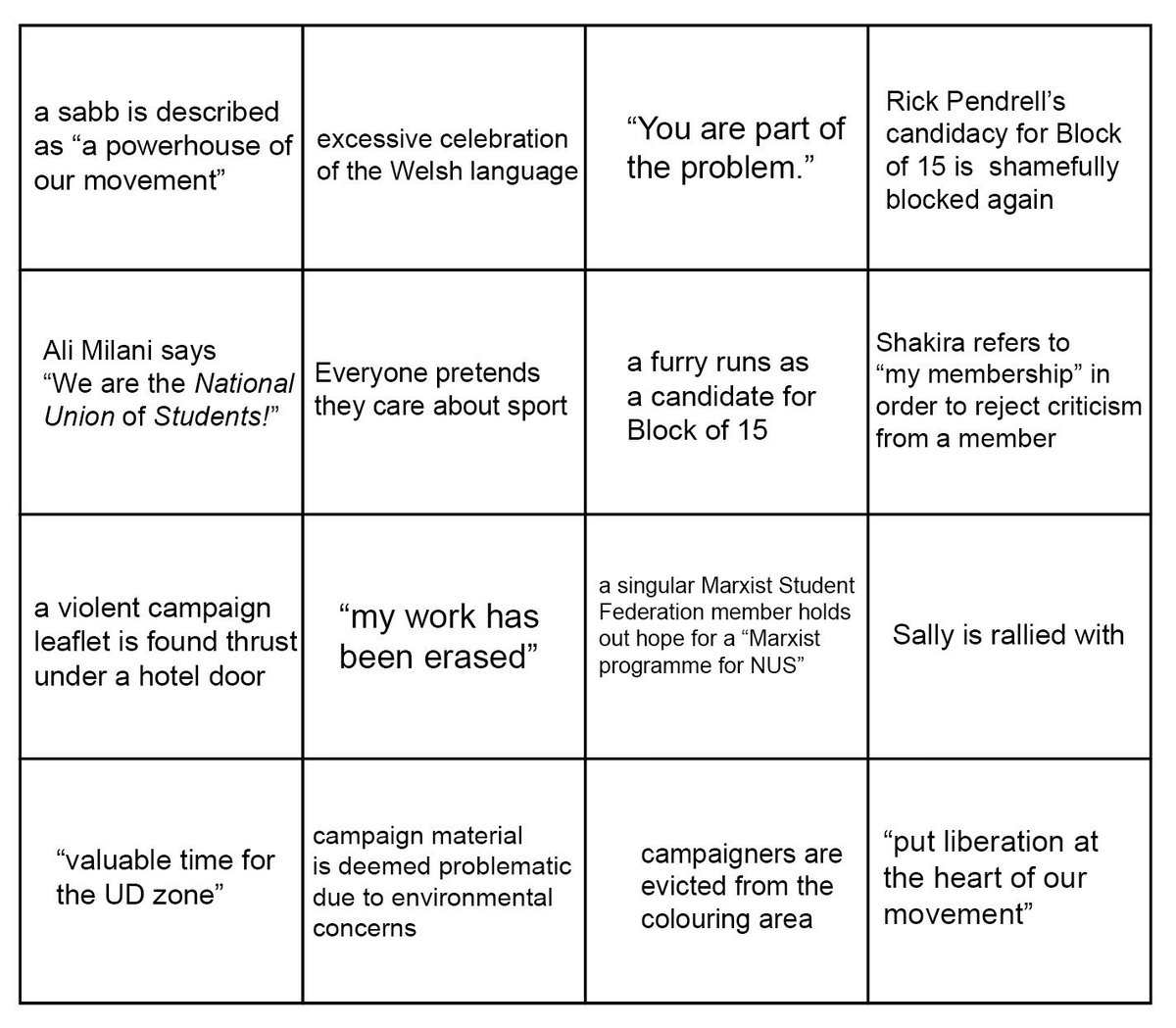 RickPendrell's tweet image. Wow, just stumbled across this alternative #NUSConference bingo, glad my plight gets a mention! #NUSNC19