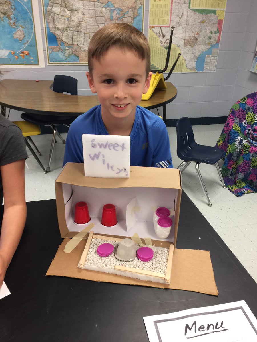 AliJo's tweet photo. Young Challenge Lab students explored foods eaten through history and around the world then constructed restaurants with menus serving things like lutefisk, muktuk, and brain tacos, topped off with a hot cup of civet coffee💩 #cesamazingadventure #challengelabrocks @CuringtonElem https://t.co/rd7R1MiSUi