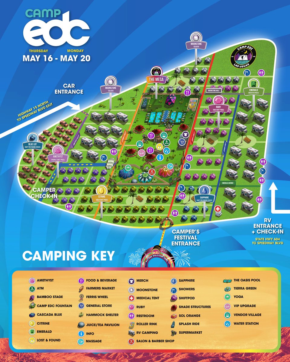 EDC_LasVegas's tweet photo. ⛺️🙌 Introducing the New &amp; Improved Camp EDC layout for 2019! 👈✅ Swipe left to see the all the updates, including separate RV &amp; Car entrances, shorter wait times, artificial eco-grass covering entire campgrounds, improved power grid &amp; more. 👈🤗 https://t.co/Dzye01QN7a https://t.co/QUhFsv6q0p