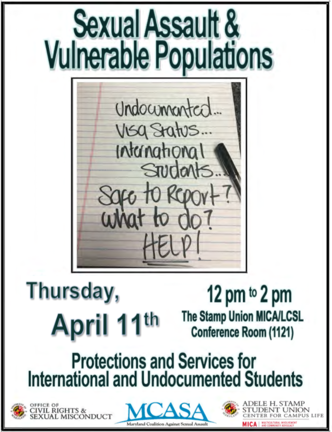 RuleofThumbUMD's tweet photo. What's occurring on Thursday, April 11th? Sexual Assault &amp; Vulnerable Populations workshop w/ @MCASAorg from 12-2 in the @UMDMICA conference room! Refreshments will be served! https://t.co/HLLZc5DHLF https://t.co/YxCUINQ9ff
