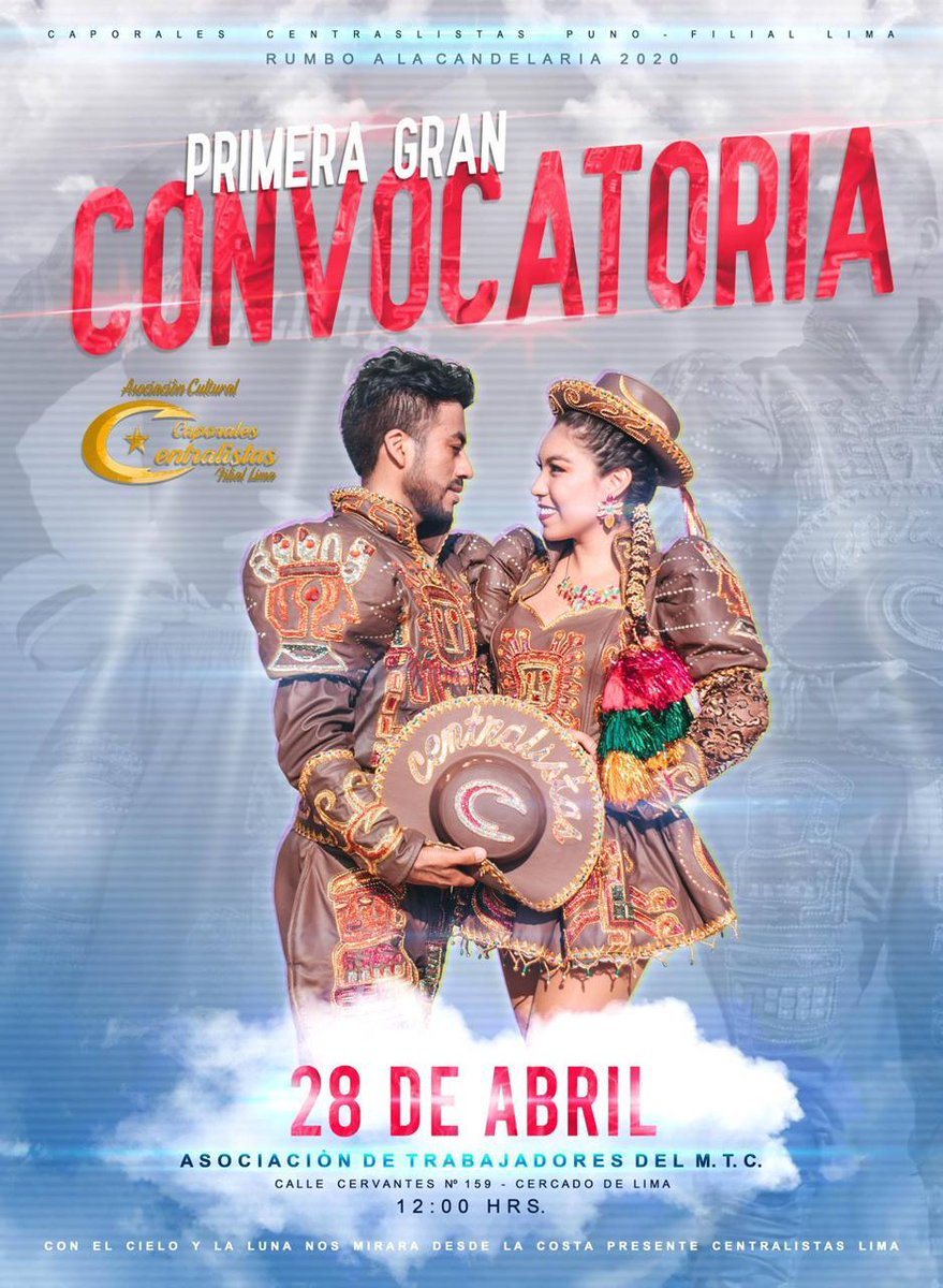 centraslima's tweet photo. 🔥PRIMERA GRAN CONVOCATORIA 2019 🔥 

🗓 28 de Abril a las 12:00 Hrs. en La Asociación de Trabajadores del M.T.C.
👉Calle Cervantes Nº 159 

Inscríbete aquí 👇
https://t.co/tL4OWfYo5s

#Caporales #Centralistas 
#ArribaCentras
#CampeónnDeCampeones
#RumboaCandelaria2020 https://t.co/TL78YXiYuT