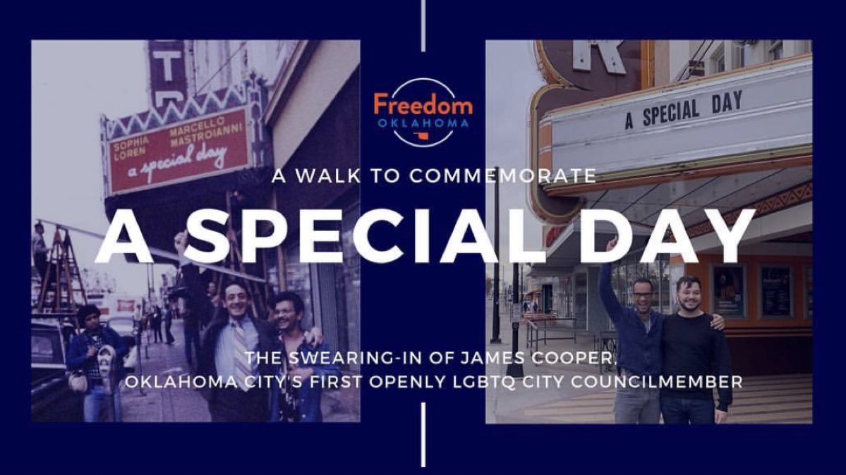 Cannot wait to witness history tonight as our community escorts the first openly LGBTQ city council member to <a href="/cityofokc/">City of OKC</a> tonight &amp; celebrates his swearing in. 

5:15🌈 Meet @SkirvinHiltonOK 
5:30🌈 Walk to City Hall
6-7🌈 Remarks from <a href="/davidfholt/">Mayor David Holt</a> <a href="/JamesForOKC/">James Cooper, OKC Council</a> &amp; Allie Schinn