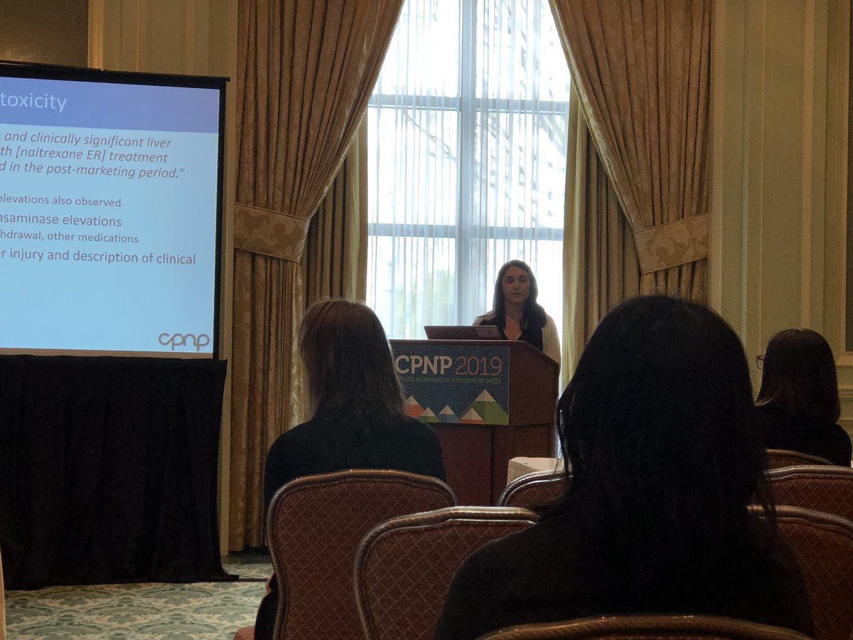 UConnPharmacy's tweet photo. Jessica (Hawthorne) Putney, Pharm.D. ‘14 presenting at #CPNP2019 as a Therapeutic Case Report Award Finalist with ‘Naltrexone Extended-Release Injection in a Patient with Alcoholic Cirrhosis of the Liver: A Case Report‘ 📸 @ccaley4 https://t.co/eog8e8abrK