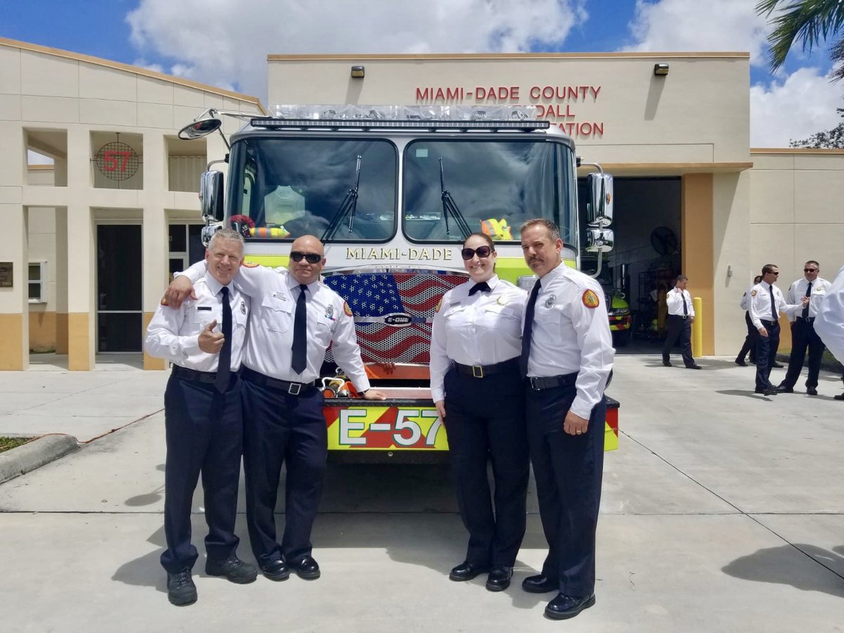 Local1403's tweet image. @MiamiDadeFire Truck Push-In Ceremony 2 of 3! #Engine57 was placed into service at Fire Station 57. This unit is our new “clean cab” engines designed to limit exposure of our #firefighters to harmful cancer-causing gases imbedded in our gear &amp;amp; equipment after a fire! #Local1403