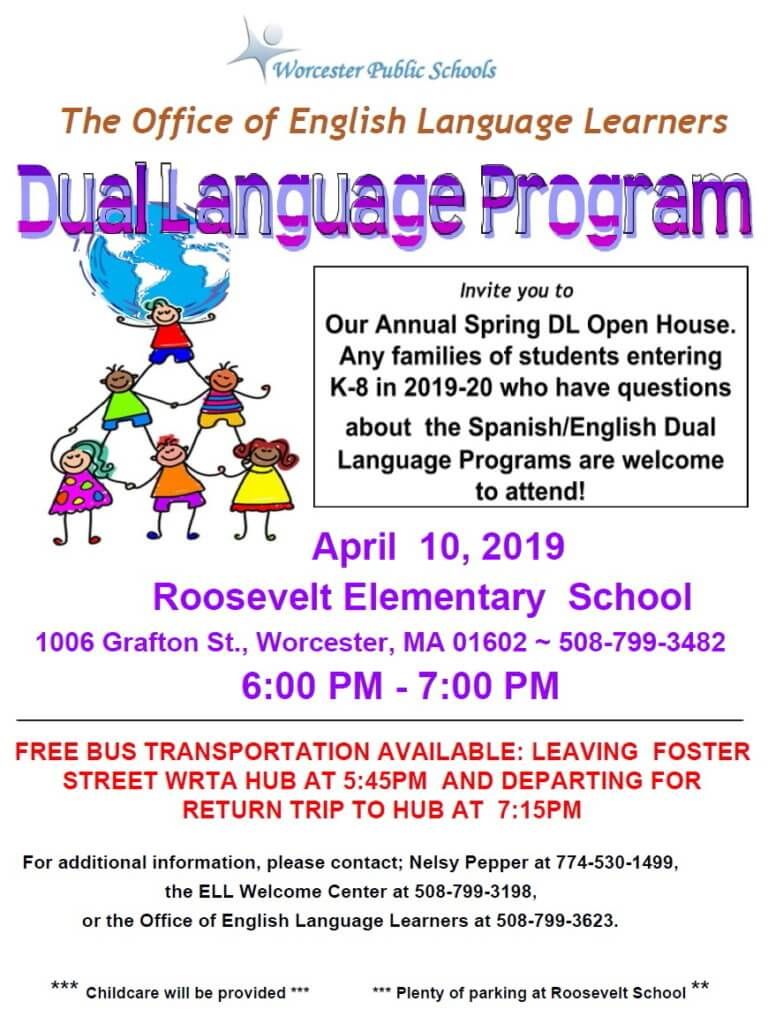 worcesterpublic's tweet photo. The Office of English Language Learners Dual Language Program invite you to our Annual Spring Dual Language Open House on April 10th at Roosevelt School. #WPSlearns https://t.co/eIAOhqqW9I https://t.co/2O2uPGWMfV