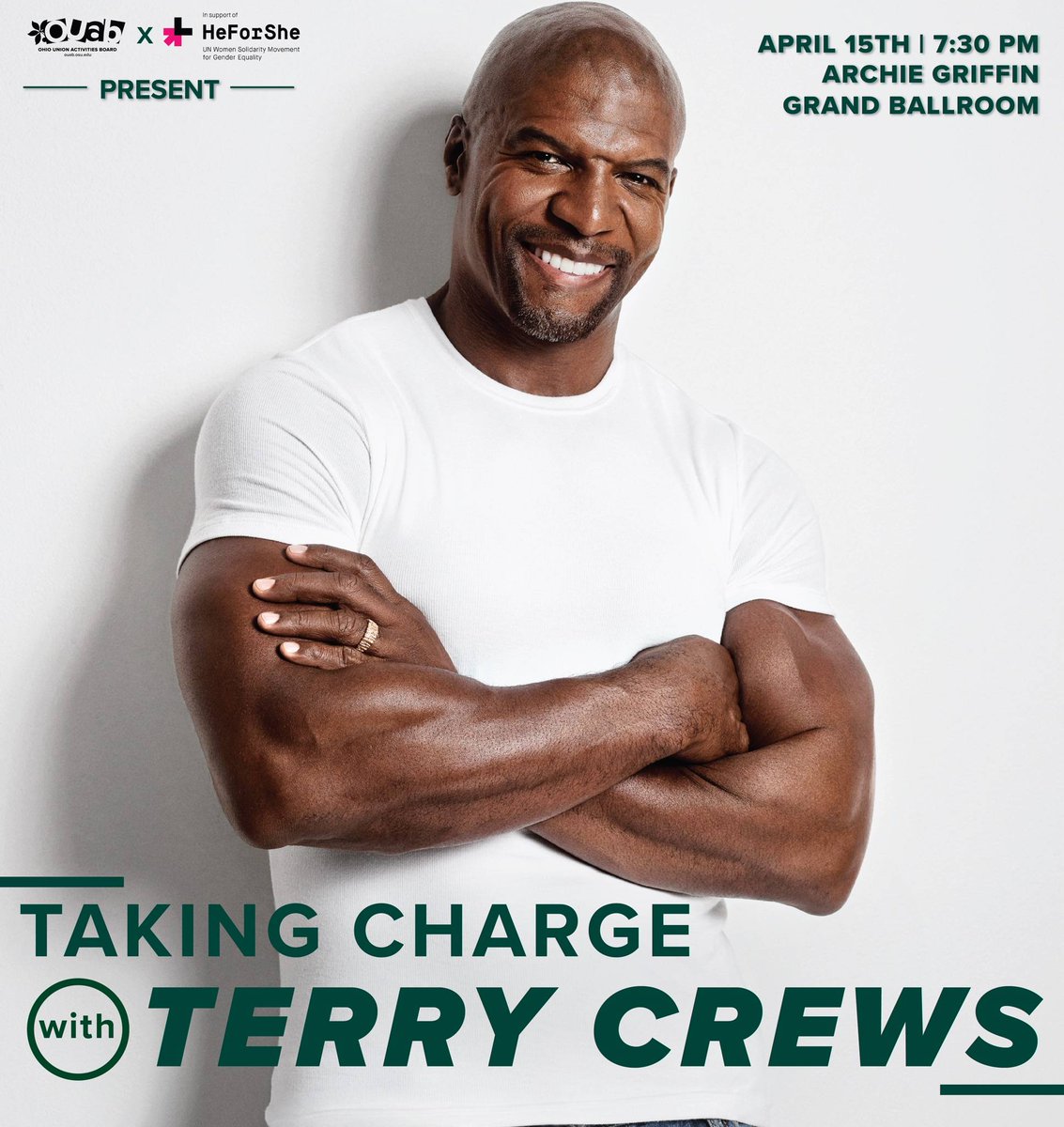 Just one week until Terry Crews visits The Ohio State University! Go listen to him speak on Monday, April 15th at 7:30pm in the Archie Griffin Ballroom. Tickets are sold out, but there will be a standby line at the event.