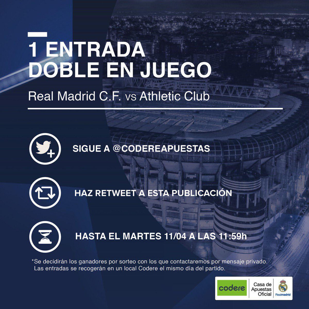 realmadrid's tweet photo. ¡Disfruta de una apasionante tarde de fútbol en el Bernabéu! ⚽🎟 

Participa con @CodereApuestas en el sorteo de 1 ENTRADA DOBLE para el partido entre @realmadrid - @AthleticClub ⚽️

¡Sigue estos pasos! 👇 https://t.co/ykt8nklEPq