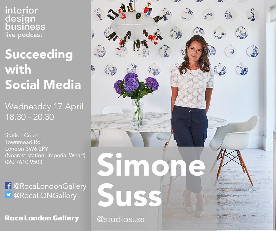 Join @sophierobinsons and <a href="/BIIDtalk/">BIID</a> members <a href="/studiosuss/">Simone Suss</a> and <a href="/SusieRumbold/">Susie Rumbold</a> <a href="/TessutoInterior/">Tessuto</a> discussing social media for interior designers LIVE <a href="/RocaLONGallery/">Roca London Gallery</a> on Wed 17 April! Be part of our live audience by registering here:  bit.ly/2uH3CwJ #interiordesigner #interiors
