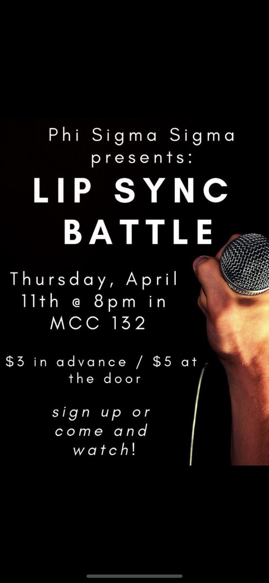 phisigoswego's tweet photo. Come sign up for our lip sync battle in mcc today and wednesday from 10-2! https://t.co/ZJfw8fgfdx