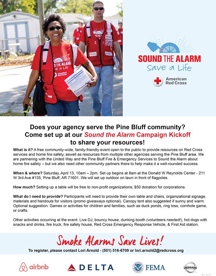 cityofpinebluff's tweet photo. The Red Cross is partnering with the United Way and the Pine Bluff Fire & Emergency Services to provide information on home fire safety and to register families and households for free smoke alarms.
There will also be fun, food, and festivities. #OnePineBluff https://t.co/yfVWsunUmt