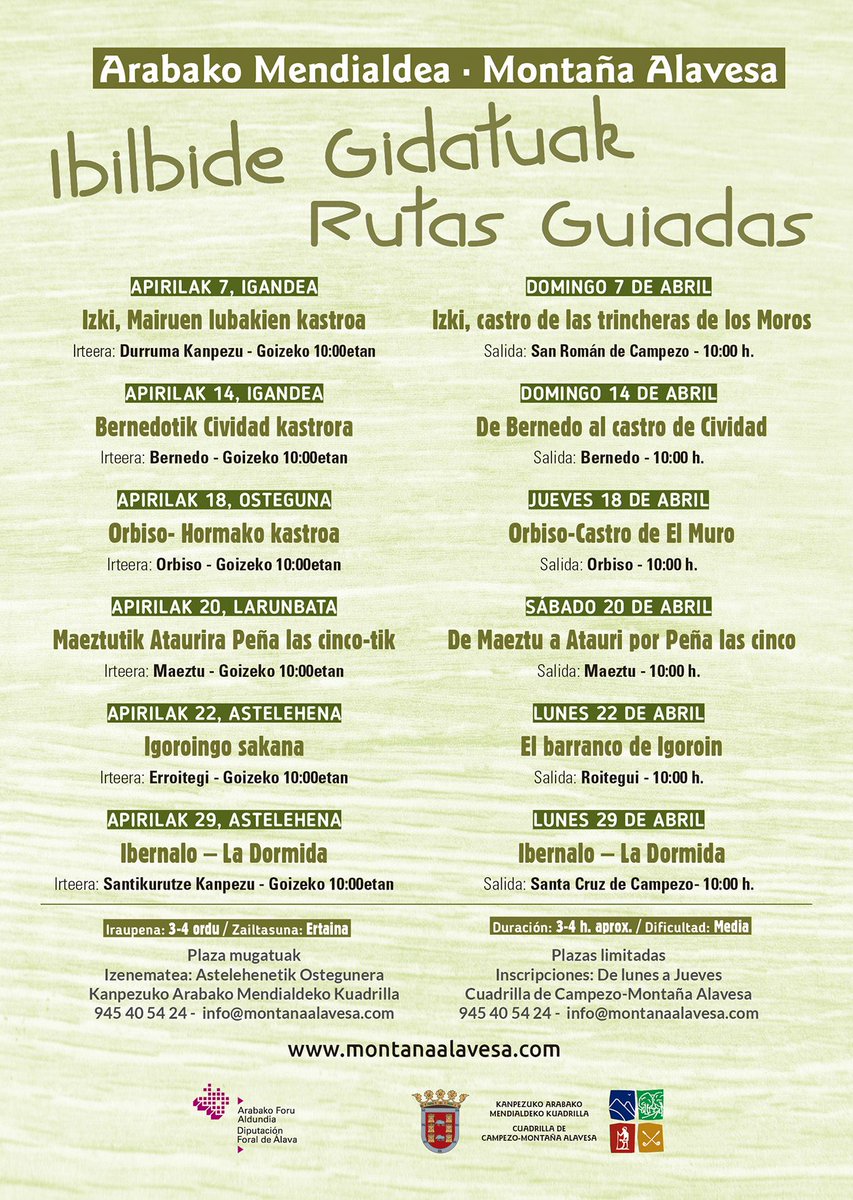 Domingo 14 de abril, ruta guiada:
De Bernedo al castro de Cividad
Inscripciones:
945405424 - info@montanaalavesa.com
#MontañaAlavesa