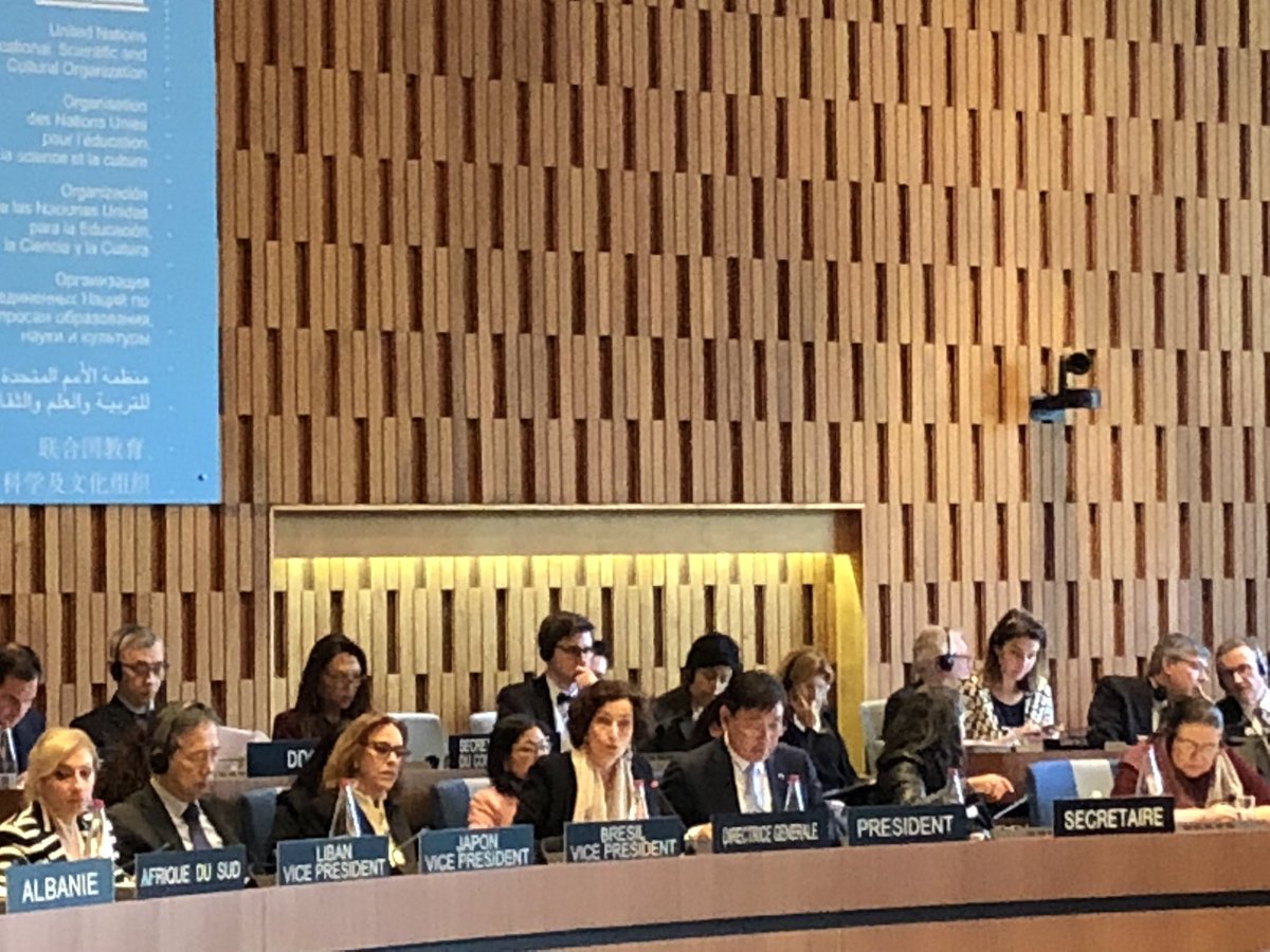 AmbAnnaBrandt's tweet photo. DG Audrey Azoulay addressing the start of Ex Board today. Strong commitment to #Agenda2030 and delivering on the comp advantage of #Unesco in education, science, cultural heritage, #freedomofexpression & safety of journalists with #Africa & #genderequality as global priorities. https://t.co/YEi0eH5nU4