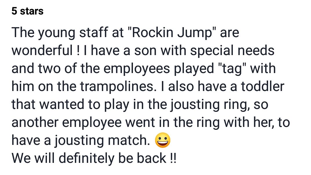 We're so proud of our staff, every week we get reviews and feedback on how impressed visitors are with them. 

Whether it's a birthday party, open jump or our summer camp. Having incredible staff who love the kids makes all the difference!